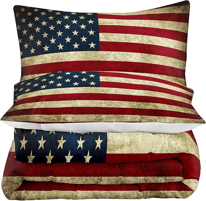 Tailor Shop American Flag Comforter Set for Boys Kids Teens American Flag Pattern Bedding Set Queen Size with 1 Comforter 2 Pillowcases