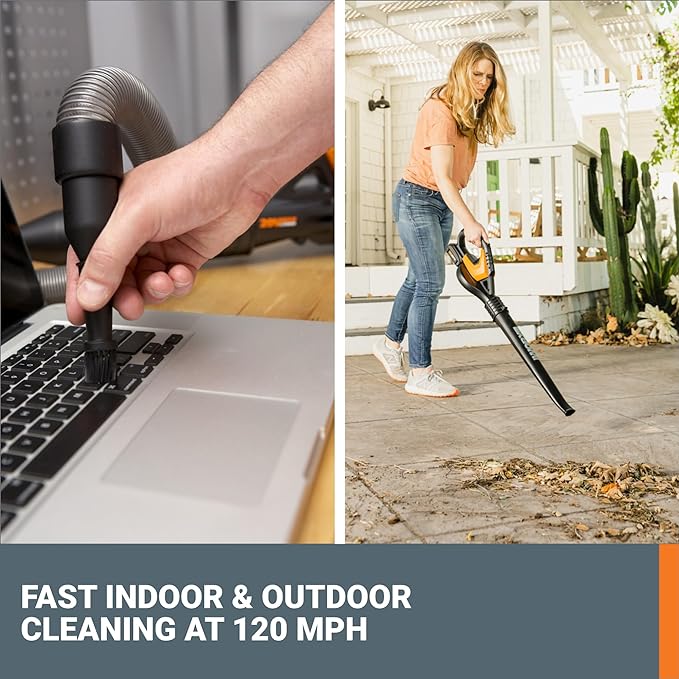 Worx 20V Cordless Leaf Blower WG545.1, Up to 120 MPH Air Speed, Long Nozzle Design for Narrow Spaces, Ideal for Indoor and Outdoor Cleaning, 9x Cleaning Attachments, Battery and Charger Included