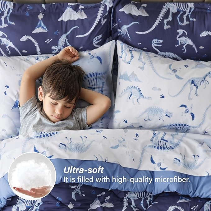 Twin Comforter Set for Boys,5 Pieces Dinosaur Kids Bedroom Bedding with Sheets and Pillowcase,Super Soft Lightweight for All Seasons,Blue,Machine Washable
