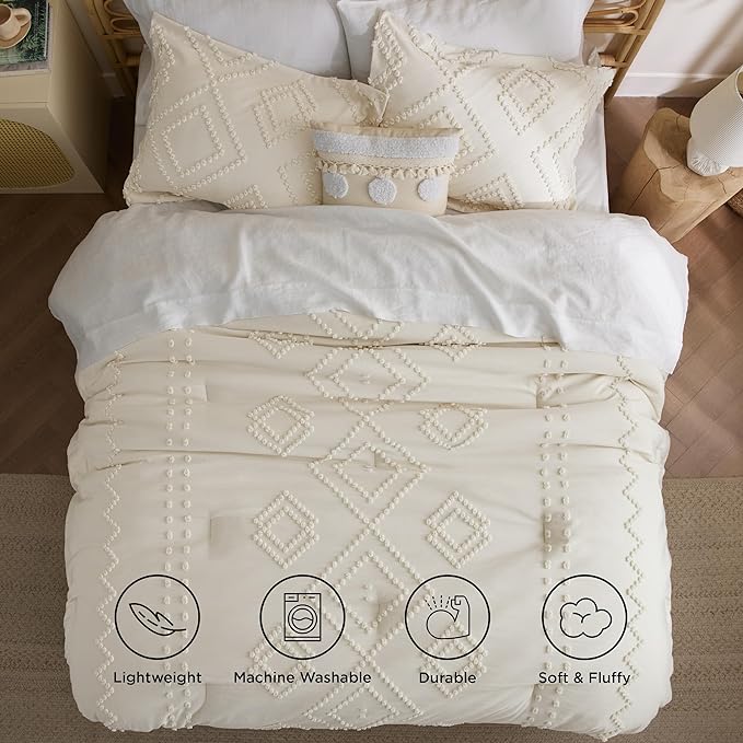 Bedsure Boho Comforter Set Queen - Mineral Blue Tufted Bedding Comforter Set, 3 Pieces Farmhouse Shabby Chic Embroidery Bedding Set, Soft Geometric Pattern Comforter for All Seasons