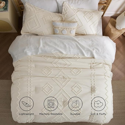 Bedsure Boho Comforter Set Queen - Mineral Blue Tufted Bedding Comforter Set, 3 Pieces Farmhouse Shabby Chic Embroidery Bedding Set, Soft Geometric Pattern Comforter for All Seasons