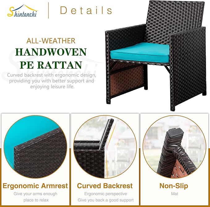 Shintenchi Wicker Patio Conversation Furniture Set with Detachable Chairs & Table and Two Removable Cushions,Rattan Wicker Lover Chair for Patio,Garden, Courtyard and Lawn Backyard (Blue)