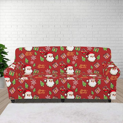 FKELYI Christmas Decor Red Sofa Slipcover for Living Room Santa Claus Sofa Couch Cover with Elastic Bottom Non-Slip Furniture Protector XL
