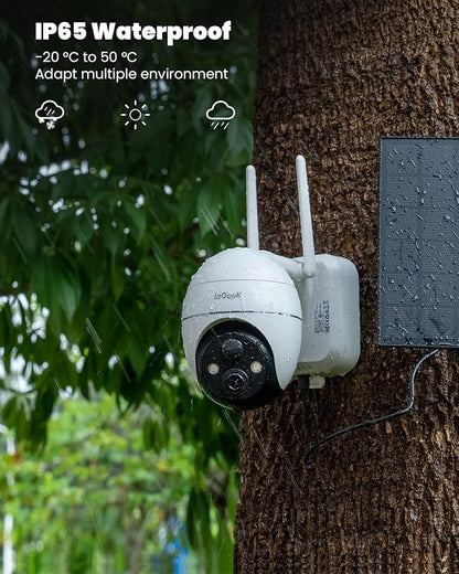 ieGeek Security Cameras Wireless Outdoor, 2K WiFi Home Security System 360° PTZ Camera 2 Pack, Solar/Battery Powered Cam with Spotlight/Siren/AI/Motion Sensor/3MP Color Night Vision, Works with Alexa
