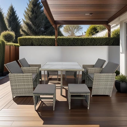 9 Pieces Patio Dining Outdoor Furniture, Space Saving Rattan Chairs with Glass Table, Cushioned Seating and Back Sectional Conversation Set, Zm-Grey