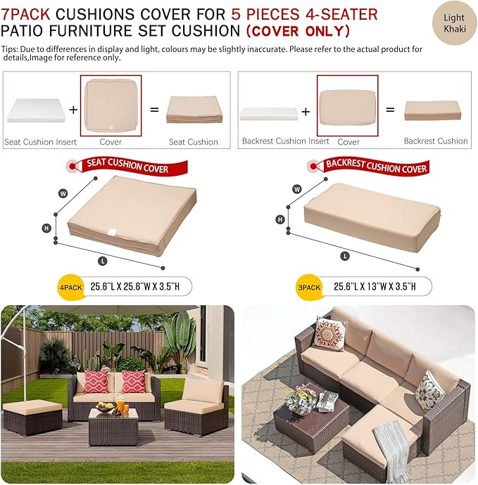 ClawsCover 7Pack Outdoor Patio Seat and Back Cushions Replacement Covers Fit for 3/5 Pieces 4-Seater Wicker Rattan Furniture Conversation Set Sectional Couch,Light Khaki-Large (Include Cover Only)