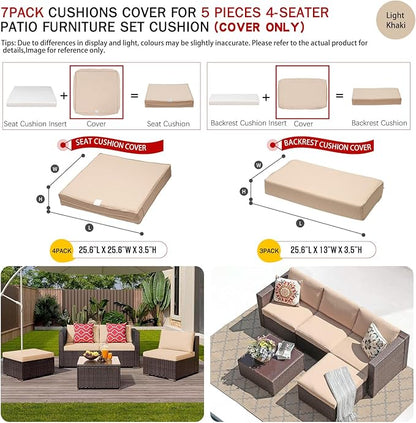 ClawsCover 7Pack Outdoor Patio Seat and Back Cushions Replacement Covers Fit for 3/5 Pieces 4-Seater Wicker Rattan Furniture Conversation Set Sectional Couch,Light Khaki-Large (Include Cover Only)