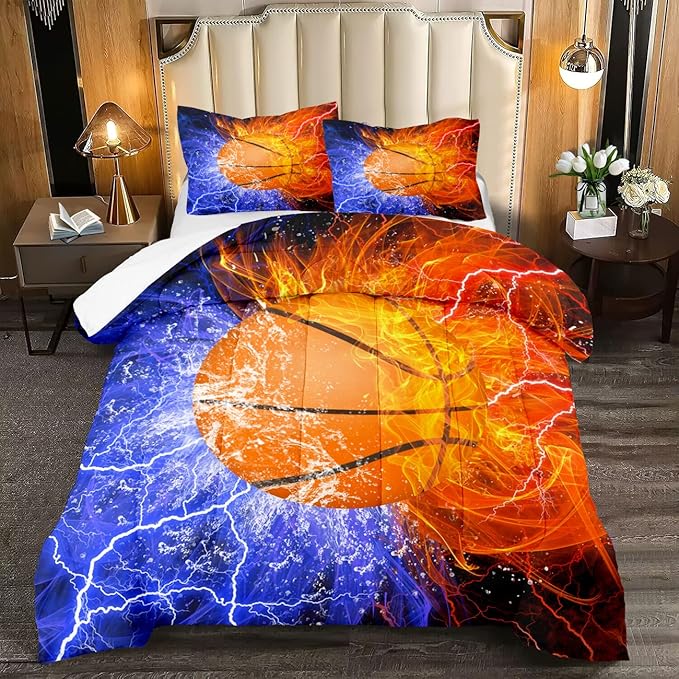 Basketball Comforter Set Queen Size Basketball Queen Comforter Sets for Boys Basketball Bedding Sport Microfiber Queen Bedding Set for Kids Boys Teens, 1 Comforter+2 Pillowcases