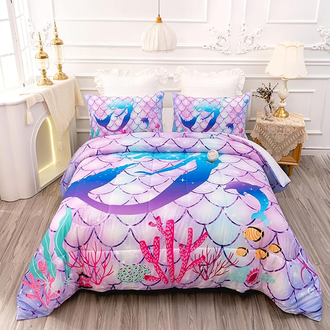 CVHOUSE Mermaid Comforter Set,Rainbow Mermaid Bedding Set for Girls Kids Teens,Rainbow Mermaid Comforter Mermaid Duvet Set Room Decor Quilt Set Full Size