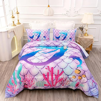 CVHOUSE Mermaid Comforter Set,Rainbow Mermaid Bedding Set for Girls Kids Teens,Rainbow Mermaid Comforter Mermaid Duvet Set Room Decor Quilt Set Full Size