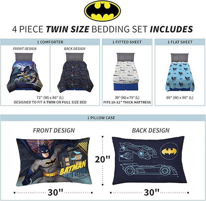 Franco Kids Bedding Super Soft Comforter and Sheet Set, 4 Piece Twin Size, Batman