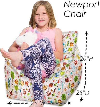 Posh Creations Structured Comfy Bean Bag Chair for Gaming, Reading, and Watching TV, Newport Chair, Canvas - Forest Critters on White