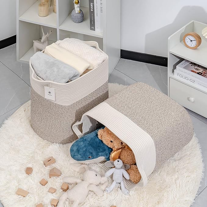 Toy Storage Baskets for Clothes Fabric Cotton Rope Storage Basket with Handles, Decorative Woven Basket for Living Room,Closet Organizer Blankets, and Toys (White Brown 2bags)