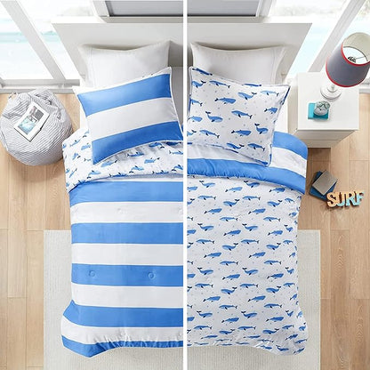 Mizone Kids Blake Reversible Dolphin Comforter Set - Adventure Animal Adorable Print with Stripe Reverse, Fun Bedroom Décor, Modern All Season Kids Bedding, Matching Sham, Blue 2 Piece, Full/Queen