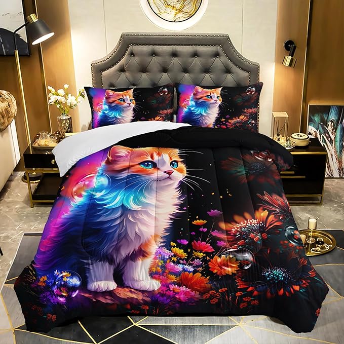 Cartoon Kawaii Cat Comforter Set Queen Size 3D Animals Flower Toddler Bedding Set Cat Lovers Animal Bubble Design Quilt Bed Set for Girls Kids Teens