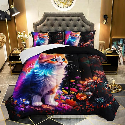 Cartoon Kawaii Cat Comforter Set Twin Size 3D Animals Flower Toddler Bedding Set Cat Lovers Animal Bubble Design Quilt Bed Set for Girls Kids Teens
