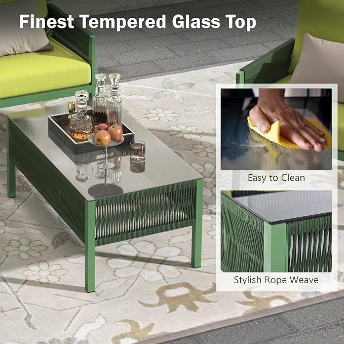 4-Piece Patio Conversation Furniture Set, Rope Weave Outdoor Loveseat Sofa with 2 Armchairs, Thick Cushion&Tempered Glass Table, for Garden Backyard, Onesize, Fluorescent Yellow+Green