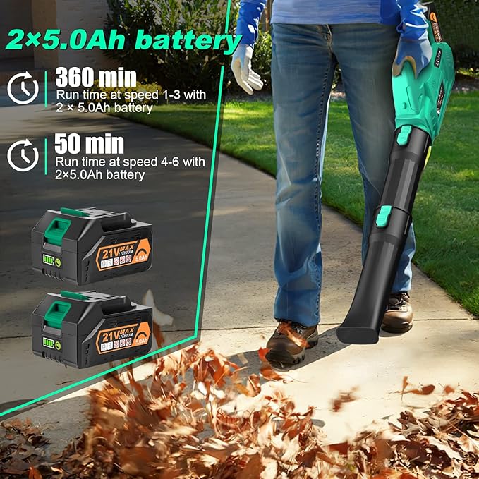 Leaf Blower - 320CFM 180MPH 21V Leaf Blower Cordless with 2 X 5.0 Ah Battery & Charger, Electric Leaf Blower Battery Powered Leaf Blower Lightweight for Snow Blowing & Lawn Care Yard Cleaning