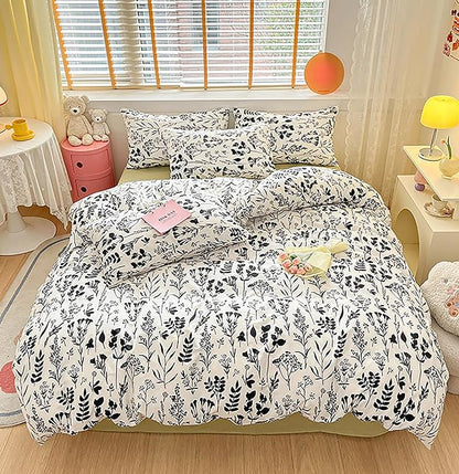 Black Botanical Comforter Set Full White Black Floral Plant Bedding Comforter Set Girls Garden Pattern Printed on White Blanket Rustic Leaf Blossom Women White Farmhouse Comforter Full