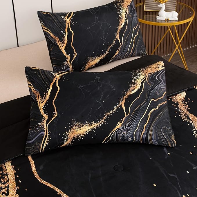 Tailor Shop Marble Bedding Set Soft Microfiber Black and Gold Comforter Set Twin Size for Kids Men and Women with 1 Marble Comforter and 1 Pillowcase