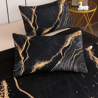 Tailor Shop Marble Bedding Set Soft Microfiber Black and Gold Comforter Set Twin Size for Kids Men and Women with 1 Marble Comforter and 1 Pillowcase