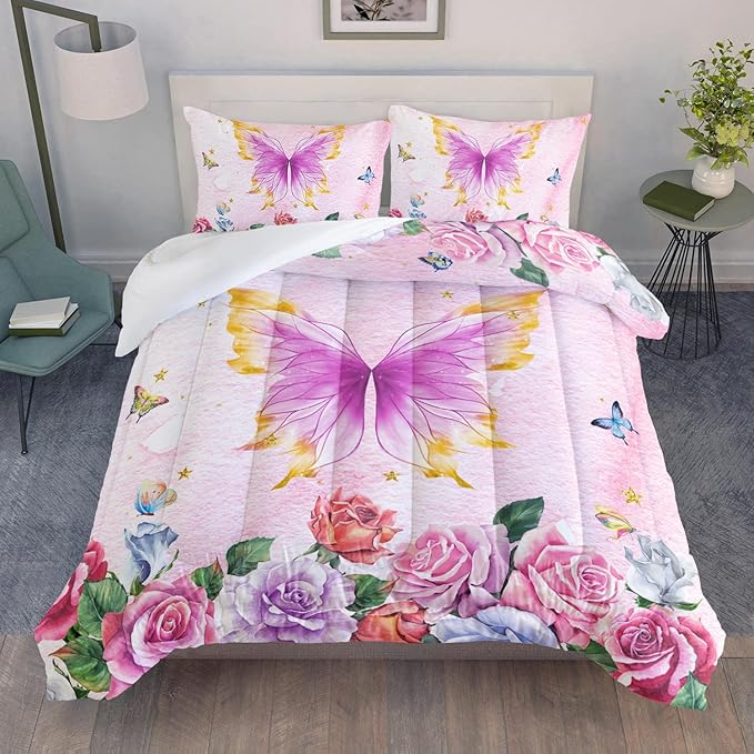 Butterfly Comforter Set for Girls Kids Adults Butterfly Rose Bedding Set Aesthetics Butterflies Quilt Duvet Set Full Size with 1 Comforter and 2 Pillowcases