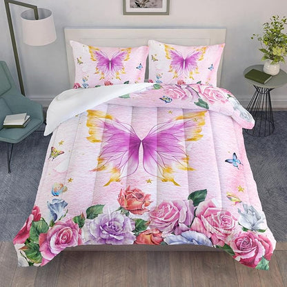 Butterfly Comforter Set for Girls Kids Adults Butterfly Rose Bedding Set Aesthetics Butterflies Quilt Duvet Set Full Size with 1 Comforter and 2 Pillowcases