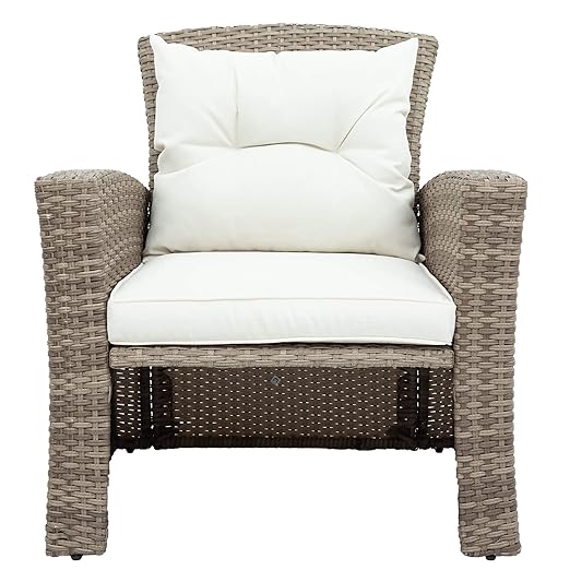 Set, 4 Piece Outdoor Wicker Rattan Sectional Sofa with Glass Table, Ottoman and Soft Cushions, Front Porch Apartment Patio Furniture for Backyard Lawn Garden, E-Beige b