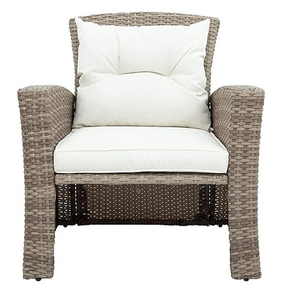 Set, 4 Piece Outdoor Wicker Rattan Sectional Sofa with Glass Table, Ottoman and Soft Cushions, Front Porch Apartment Patio Furniture for Backyard Lawn Garden, E-Beige b