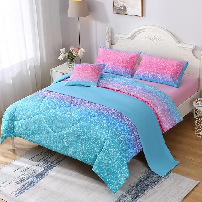 JQinHome Glitter Comforter Set Queen Size, 6 Piece Bed in A Bag 3D Colorful Duvet Pink Blue Bedding Set for Girls Women (1 Comforter,2 Pillowcases,1 Flat Sheet,1 Fitted Sheet,1 Cushion Cover)