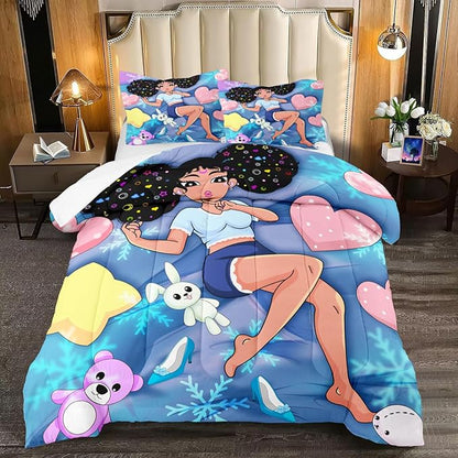 Black Girl Comforter Set - Full Size Comforter Set for Girls Bedroom Decor African American Girl Bedding Set Blue Full Quilt Set with 2 Pillowcases Kids Comforter Sets Gifts for Girls Kids Teens