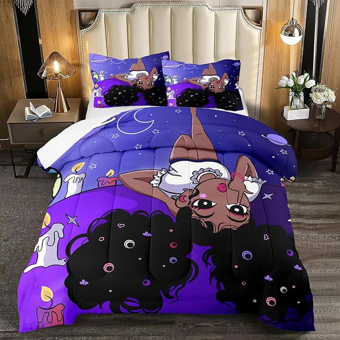 Black Girl Full Size Comforter Set for Girls, African American Girls Bedding Sets Full Girls Bedroom Decor Purple Princess Bed Set Kids Comforter Sets with 1 Comforter +2 Pillowcase