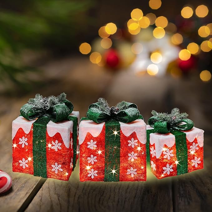[Ultra-Large 16"x14"x11.5" Christmas Set of 3 Lighted Gift Boxes Decorations Pre-lit 91 Super-Bright LED with Flashers,for Indoor Outdoor Pathway Holiday Party Home(Warm White)