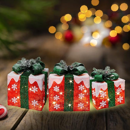 [Ultra-Large 16"x14"x11.5" Christmas Set of 3 Lighted Gift Boxes Decorations Pre-lit 91 Super-Bright LED with Flashers,for Indoor Outdoor Pathway Holiday Party Home(Warm White)