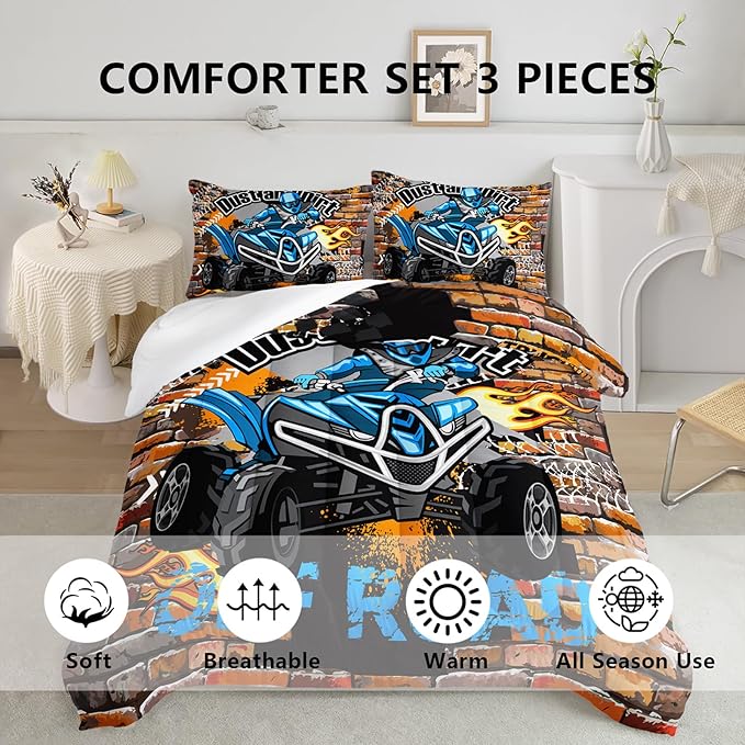Axolotl Quad Bike Bedding Set Twin,Dirt Bike Comforter Set,Extreme Sports Bedding Set,Sports Theme Comforter Set,Tractor Truck Bedding,Motorcycle Comforter for Kids Boys Teens,1 Quilt 2 Pillowcases