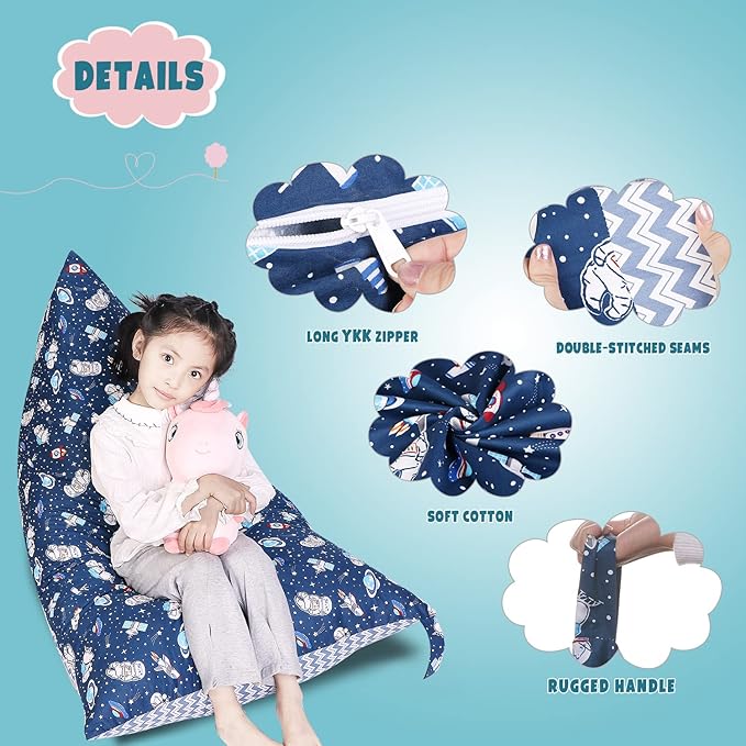 Stuffed Animal Storage Bean Bag Chair Cover, Cotton Blue Universe Plush Toy Storage Stuff and Sit Seat for Kids/Teens/Adults, 52" x 31" Extra Large Triangle Floor Sofa, 200L/52Gal, Cover Only