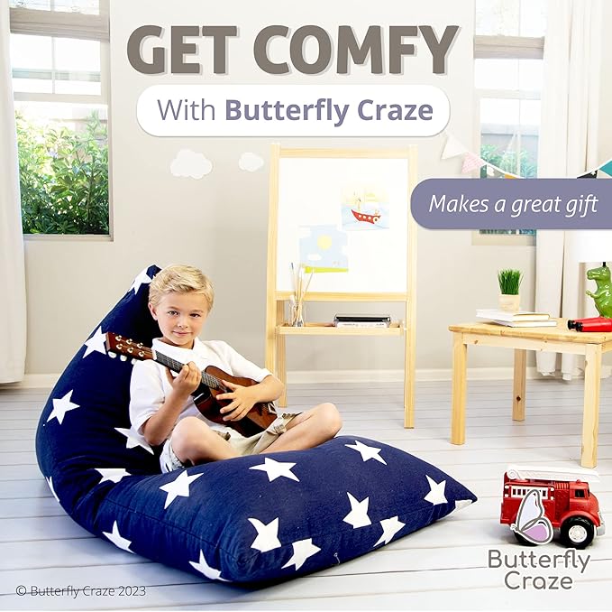 Butterfly Craze Bean Bag Chair Cover, Functional Toddler Toy Organizer, Fill with Stuffed Animals to Create a Jumbo, Comfy Floor Lounger for Boys or Girls, Stuffing Not Included, Navy Stars