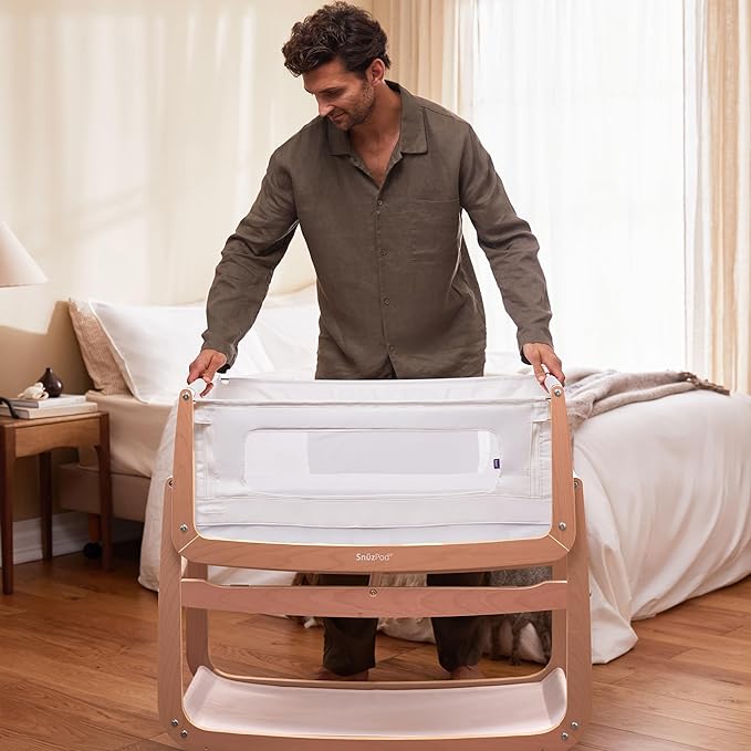 SnuzPod4, Bassinet Bedside Sleeper - Safe and Comfortable Baby Crib and Bed, 3D Breathable Mattress, Fits Bed with Adjustable Max. Height of 28.5”, Machine Washable Mesh Liner (Natural)
