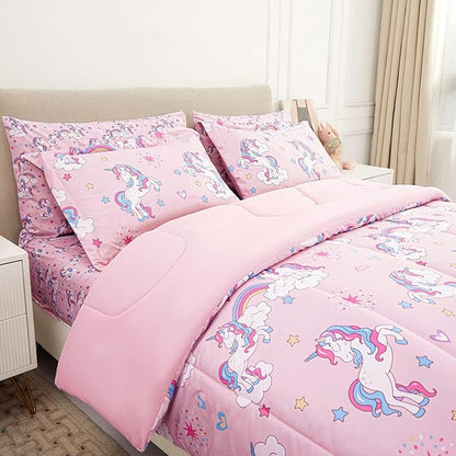 Mooreeke Kids Comforter Bed Set Full Size for s Girls, 8 Pieces Bed in a Bag with Shams, Sheet Set, Pink Unicorn Full Soft Microfiber Kids Comforter Bedding Set