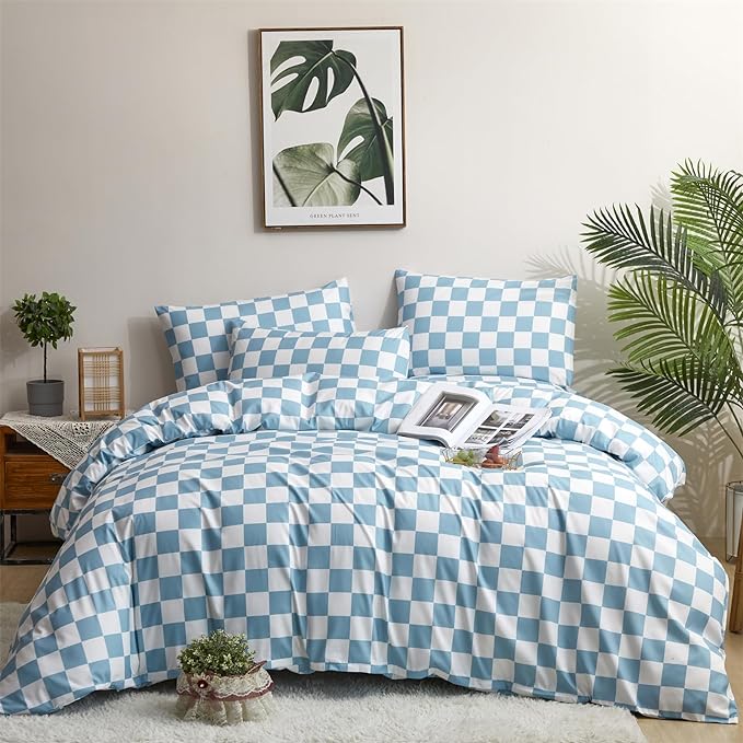 Wellboo Blue White Plaid Comforter Sets King Women Men Light Blue and White Checkerboard Grid Bedding Comforters Cotton Boys Girls Modern Dusty Blue Checkered Geometric Quilts Luxury Sky Blue Bed