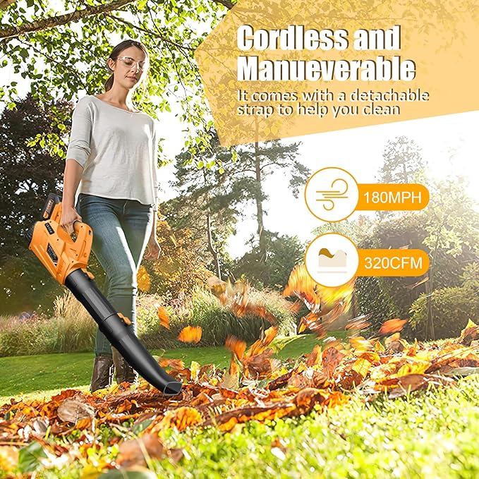 Leaf Blower - 320CFM 180MPH 21V Leaf Blower Cordless with 2 X 5.0 Ah Battery & Charger, Electric Leaf Blower Battery Powered Leaf Blower Lightweight for Snow Blowing & Lawn Care Yard Cleaning