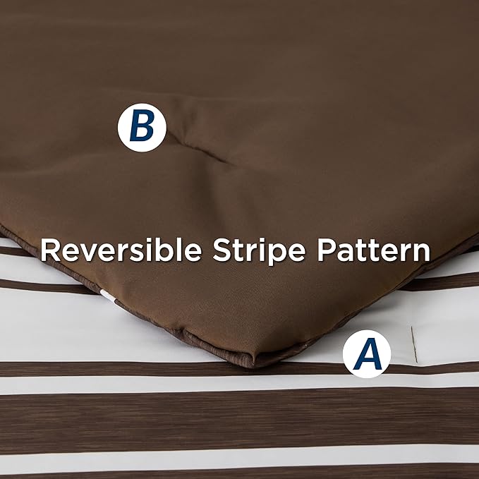 Bedsure Queen Comforter Set 7-Piece Brown White Striped Bed in a Bag All Season Reversible Bed Set, 2 Pillow Shams, Flat Sheet, Fitted Sheet and 2 Pillowcases