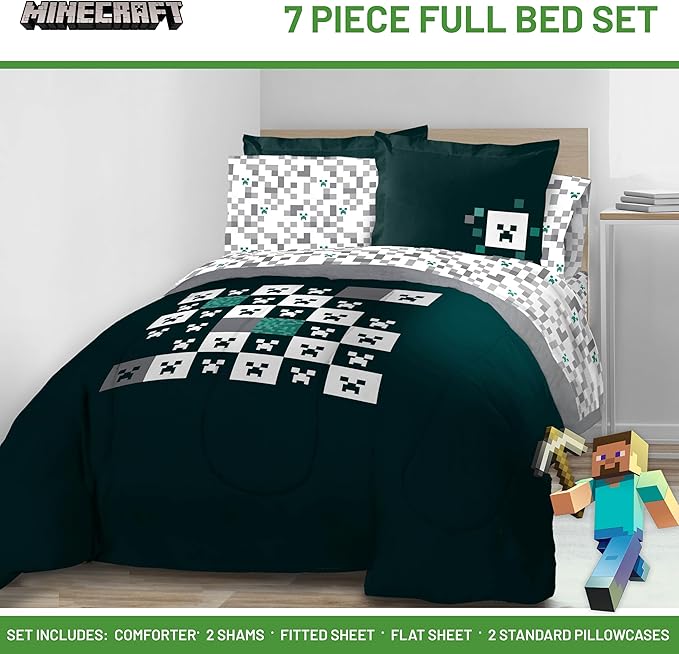 Minecraft Creeper Full Comforter Set - 7 Piece Gamer Bedding includes Sheet Set & Pillow Covers - Super Soft Checkered Kids Bedding