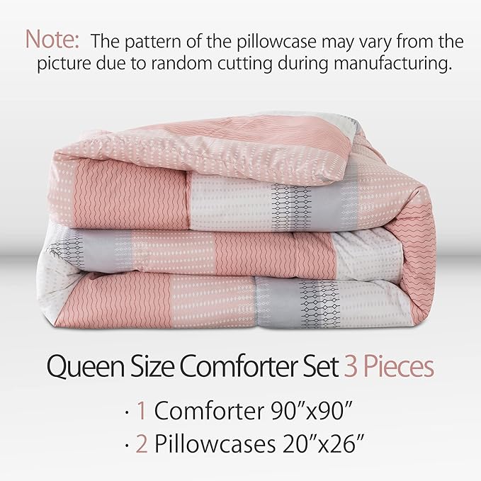 Andency Stripe Comforter Set Queen Size (90x90 Inch), 3 Pieces Pink Patchwork Striped Comforter, Soft Microfiber Down Alternative Comforter Bedding Set with Corner Loops