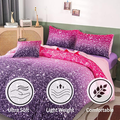 RYNGHIPY 6Pcs Twin Gradient Pink Purple Glitter Comforter Sets for Teens Girls Kids, Colorful Rainbow Glitter Themed Bedding Set