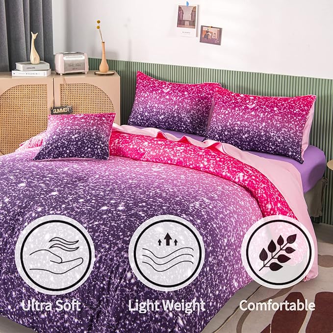 RYNGHIPY 6Pcs Queen Gradient Pink Purple Glitter Comforter Sets for Teens Girls Kids, Colorful Rainbow Glitter Themed Bedding Set