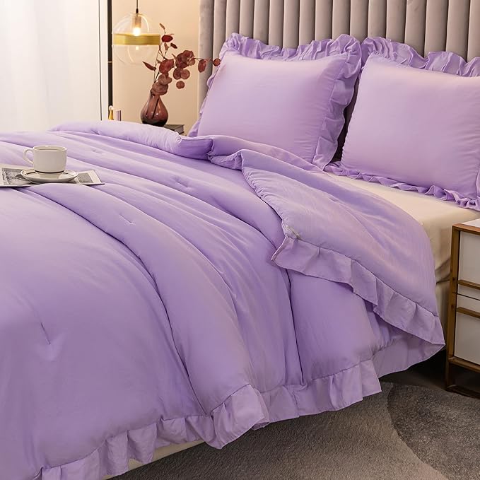 Andency Lavender Twin Size Comforter(66x90Inch), 2 Pieces(1 Ruffle Comforter and 1 Pillowcase) Solid Farmhouse Shabby Chic Comforter, Lighteweight and Soft Microfiber Bedding Set