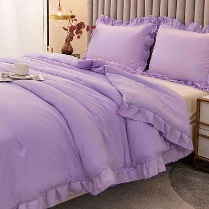 Andency Lavender Twin Size Comforter(66x90Inch), 2 Pieces(1 Ruffle Comforter and 1 Pillowcase) Solid Farmhouse Shabby Chic Comforter, Lighteweight and Soft Microfiber Bedding Set