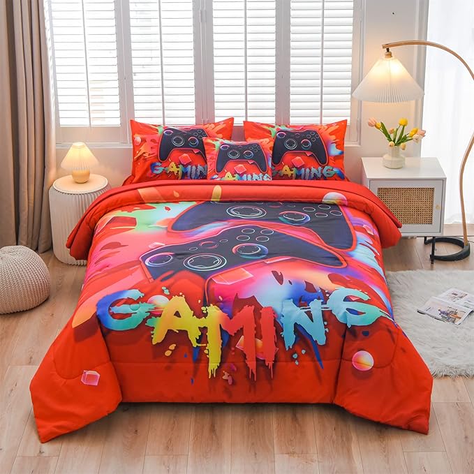 Aimuan Gaming Comforter Sets for Boys Kids Bedding Sets Video Games Console Action Buttons Novelty Colorful Game Gamepad Controller Modern Gamer Room Decor Home Quilt Set (Queen 6 Pcs,Red)