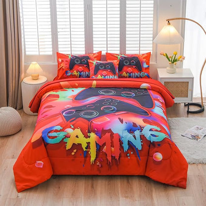 Aimuan Gaming Comforter Sets for Boys Kids Bedding Sets Video Games Console Action Buttons Novelty Colorful Game Gamepad Controller Modern Gamer Room Decor Home Quilt Set (Twin 6 Pcs, Red)